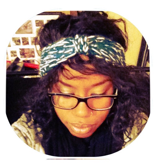 Turban Headband Ear Warmer in Teal and White - 60% Off - Headwrap or Crochet Headband