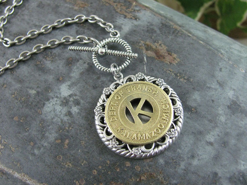 Token Jewelry - Genuine Kalamazoo, Michigan Transit Token Medallion Necklace on Easy Toggle Clasp - Initial K - Industrial Chic