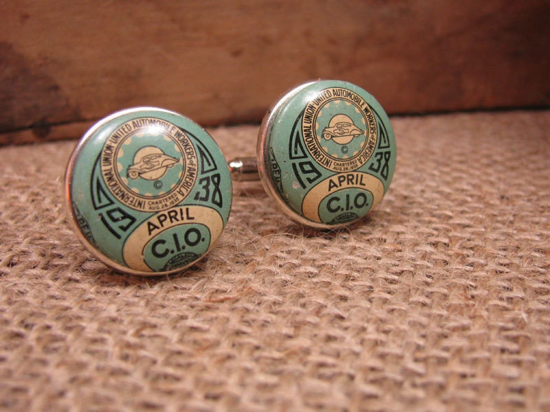Upcycled Jewelry - Authentic April 1938 United Auto Workers Light Blue Pinbacks Converted into Cufflinks - Unique, Rare, Great Gift Idea