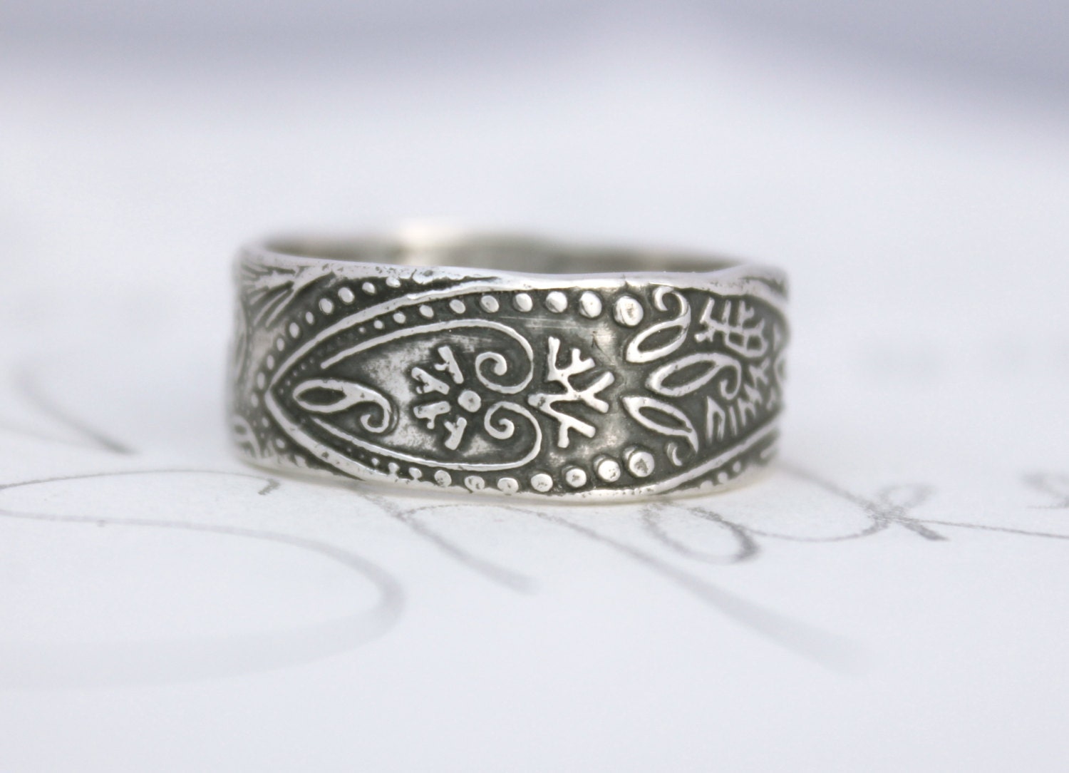 wide mens wedding band . recycled silver paisley ring . engraved custom ring . bohemian mens ring ready to ship size 7 1/2