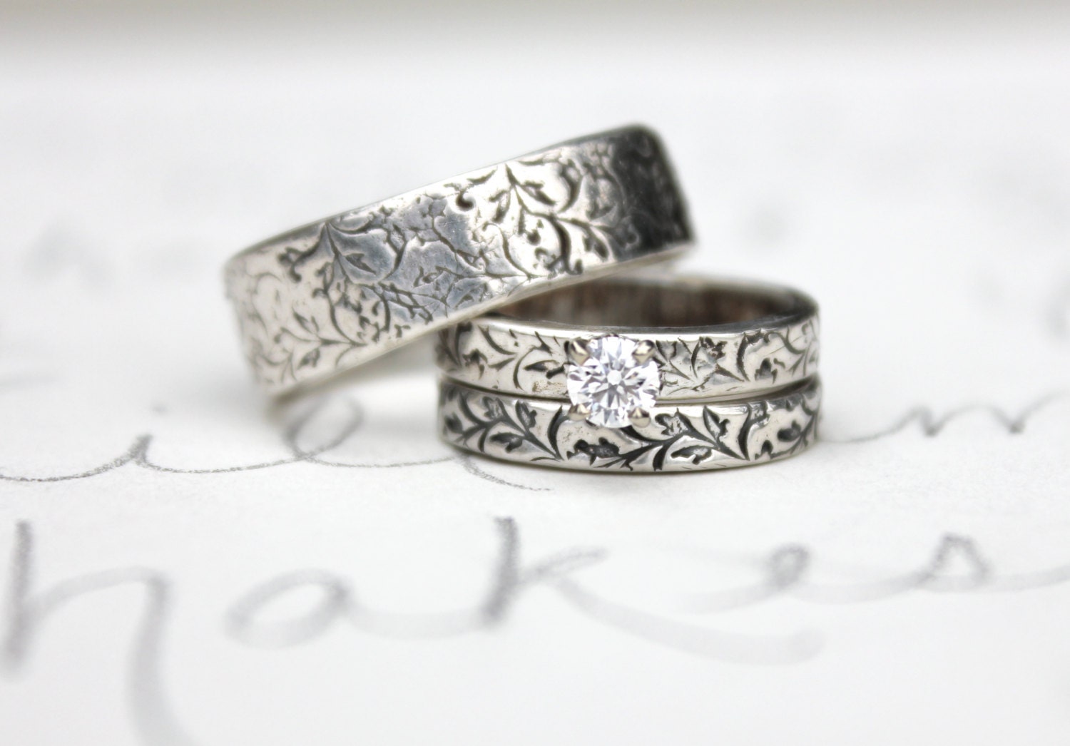 custom ethical diamond engagement ring wedding band set . recycled fine silver bands . 10k white gold prong setting . created in your size