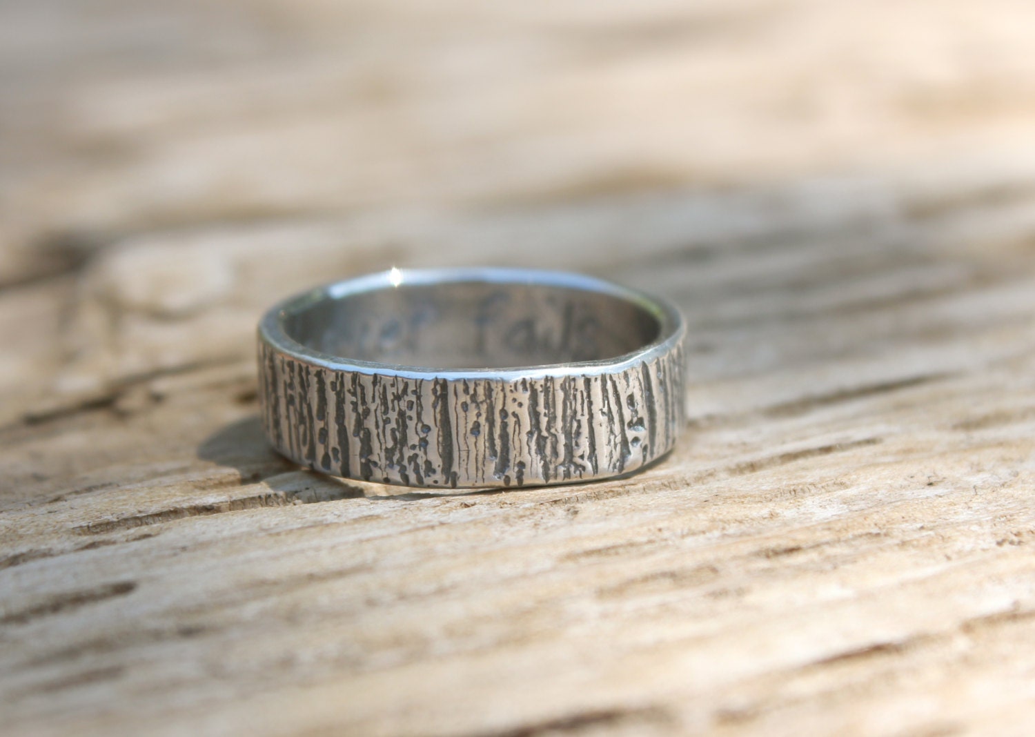 tree bark wedding band . mens woodgrain band ring .  eco recycled silver band . custom size personalized secret message