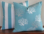 Two Decorative Pillow Covers a set of 20x20 inches Turqoise Aqua Gray White and Coordinating Bold Stripes