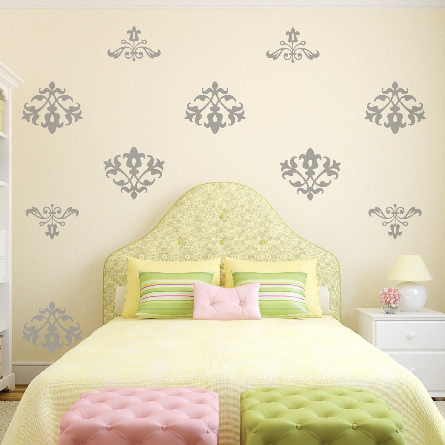 Vinyl Wall Decals, Shabby Floral Flock Damask- 12 graphics , sticker, wallpaper, item 10006