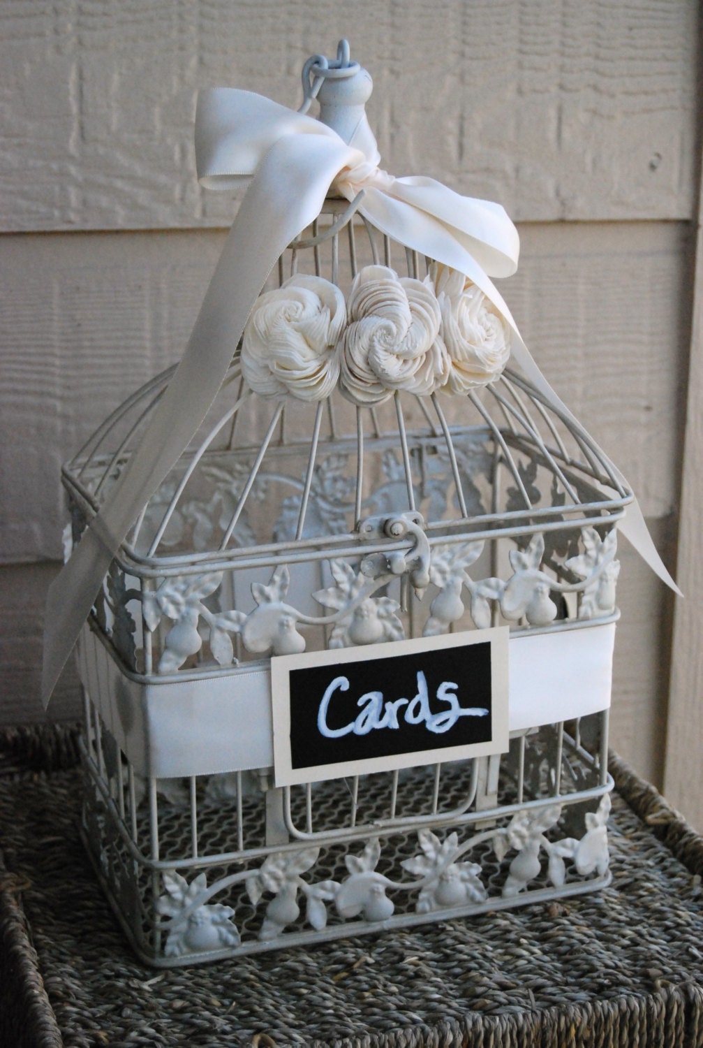 MEDIUM Ivory Shabby Chic Wedding Bird Cage Card Holder - Ivory With Chalkboard Sign