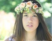 Big floral wreath in peaches and lavenders, wedding hair crown, woodland wedding