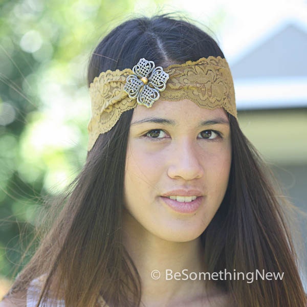 Gold elastic lace headband with metal flower, women hair accessories
