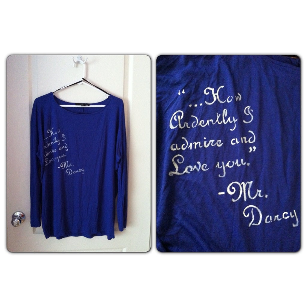 Mr. Darcy's proposal hand stenciled shirt OOAK upcycled blue and white slouchy shirt fits up to size L