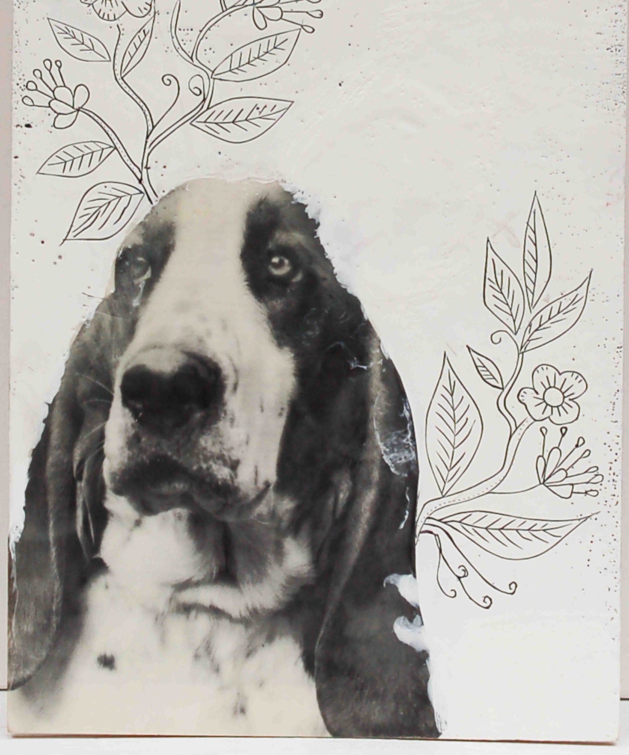 DAISY Original Collage Mixed Media Encaustic Beeswax Painting Dog Flower Art 24"x12"