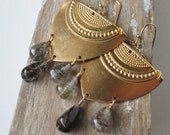 Gemstone Chandeliers. Brass and Teardrops. Tourmalated Quartz. Black Stone. Quartz.