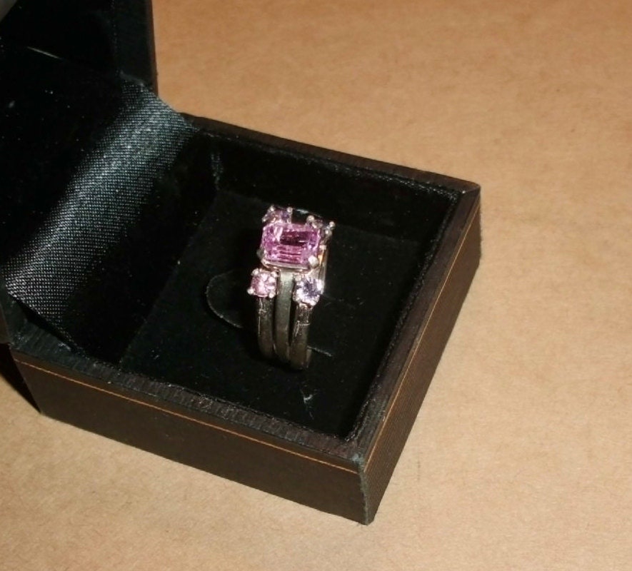 Pink  Sapphire Sterling Silver Engagement Ring Set with 2 Ring Guards, Sz 7 Wedding Set Solitaire