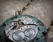 Steampunk Jewelry Clockworks Necklace Verdigris Brass Jewelry Gears Vintage Waltham Movement