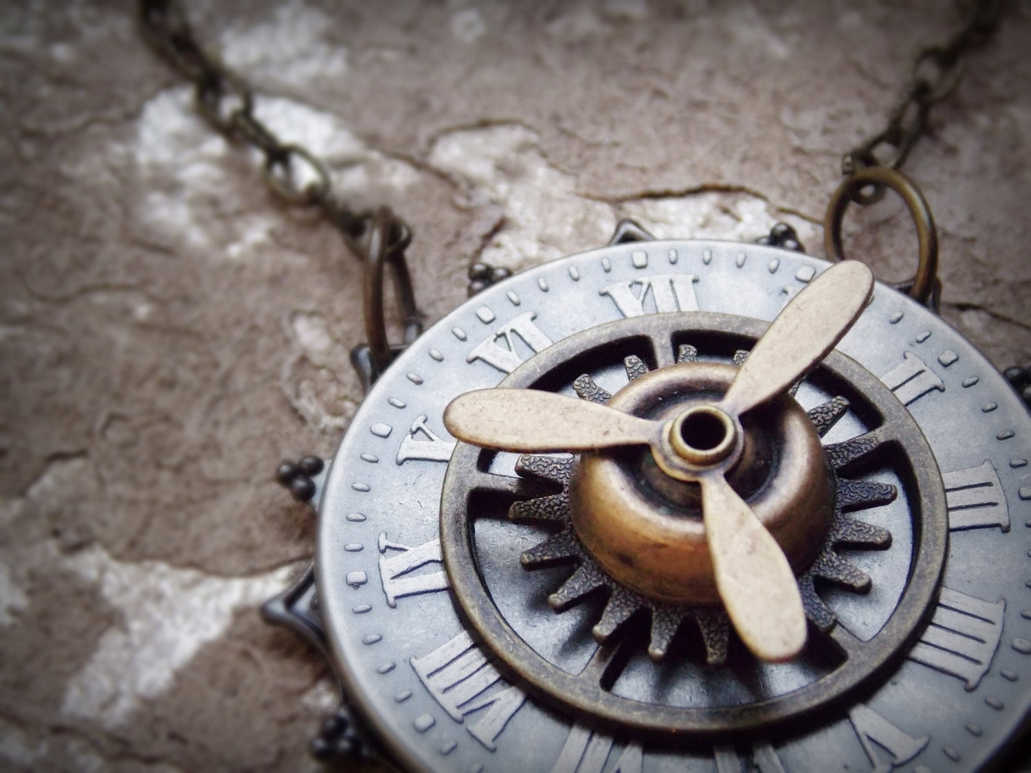 Steampunk Jewelry Clock Face Propeller Gears Metal Necklace
