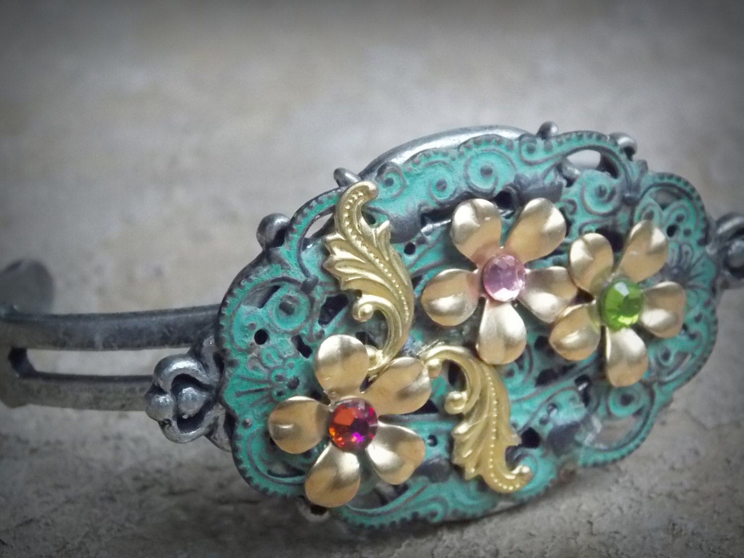 Flower Cuff Bracelet Verdigris Cast Silver Tone Adjustable Jewelry