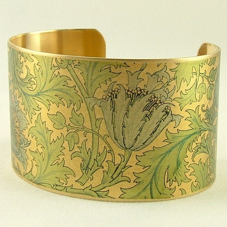 William Morris Anemone Flower Style Brass Cuff Bracelet - Arts and Crafts Movement