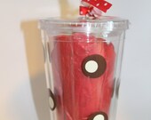 Ohio State Buckeye Tumbler with lid and straw.