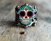 Dia de los Muertos Sugar Skull and Daisies Adjustable Silver Finish Ring