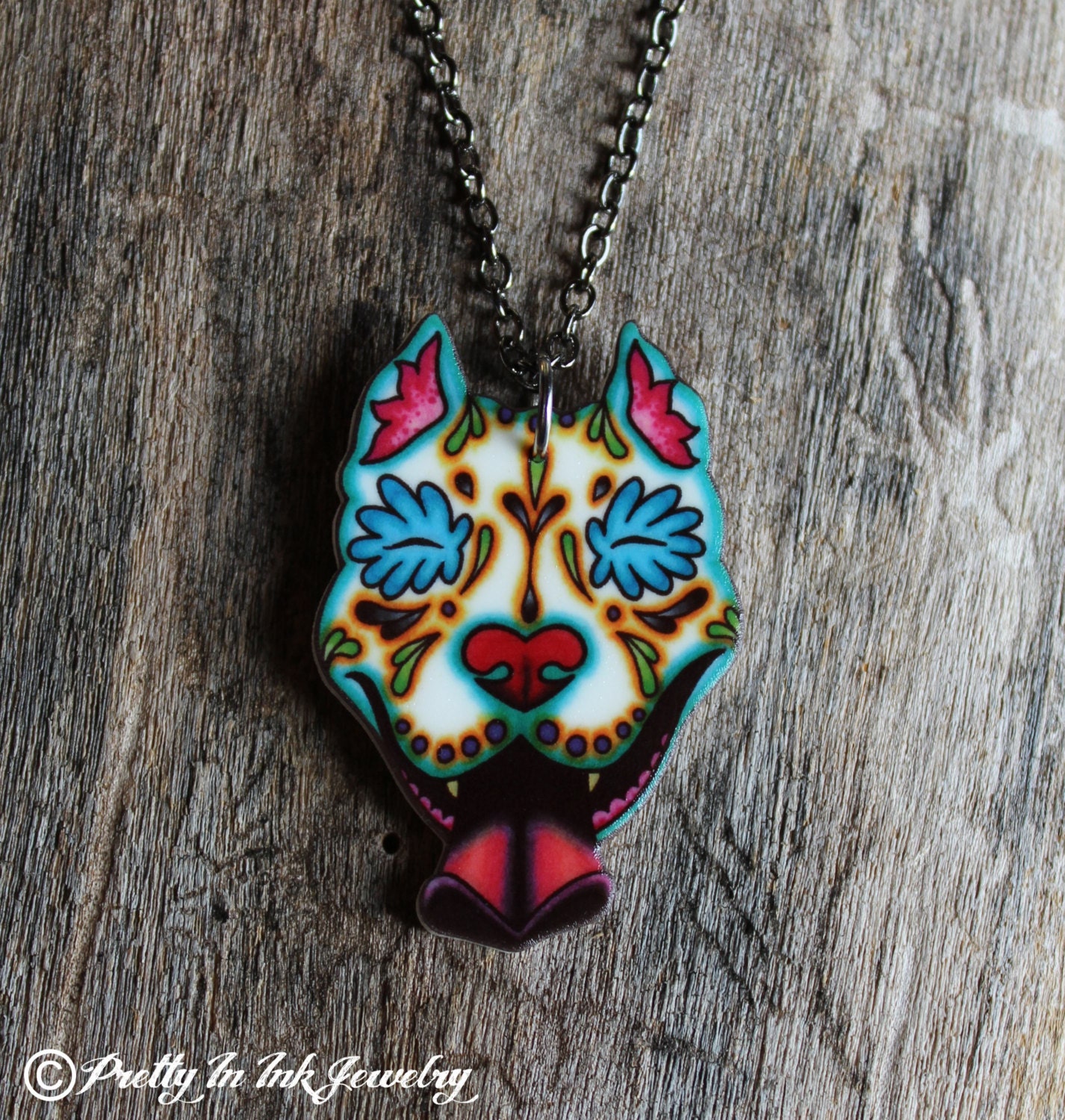 Day of the Dead Slobbering Pit Bull Sugar Skull Dog Necklace - 5 dollars from Every piece sold will go to VRC
