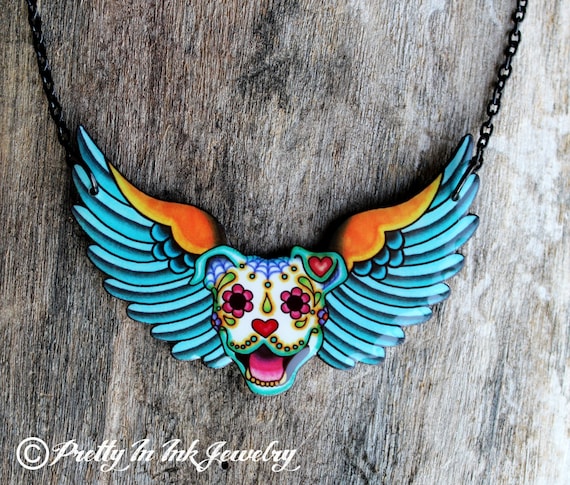 All Pit Bulls Go To Heaven Necklace - Day of the Dead Sugar Skull Dog