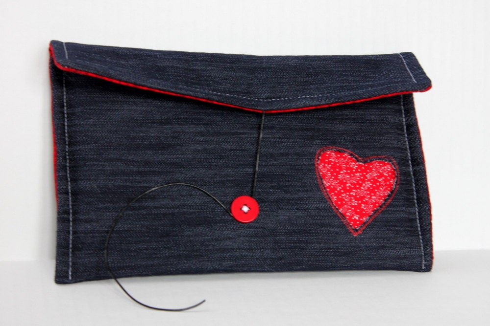 Nook or Kindle e-reader pouch - applique heart and denim