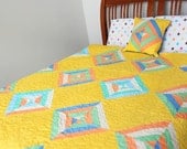 Modern Patchwork Bed Quilt with Matching Pillow- Full, Twin, Small Queen - Jewels on Yellow