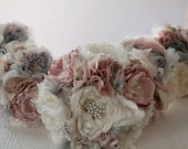 Fabric Flower Brooch Bouquet, Custom Wedding Bouquet, vintage rhinestone and pearl brooches, pink, gray, ivory
