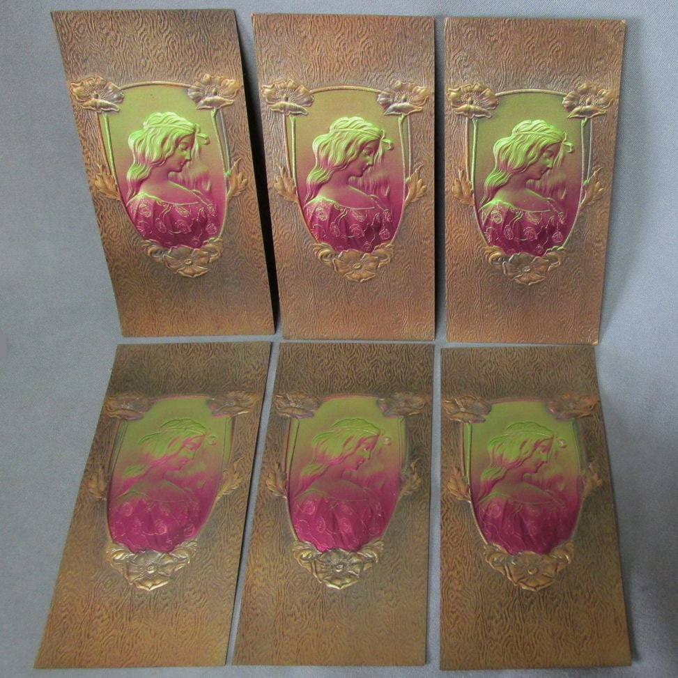 6 Art Nouveau Bronzed Embossed Cards with Lady & Poppy Flowers