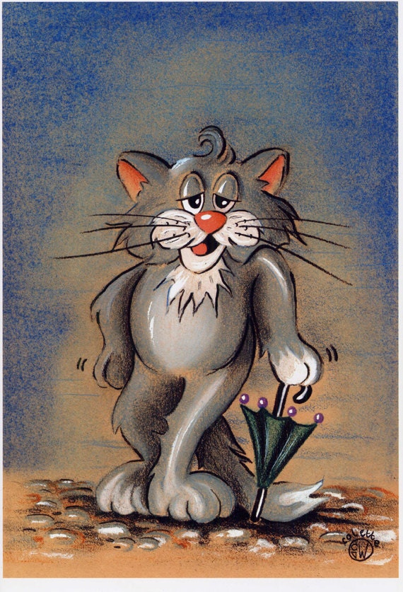 Mr. Cat posing with umbrella - High Quality Professional Art print of my original illustration