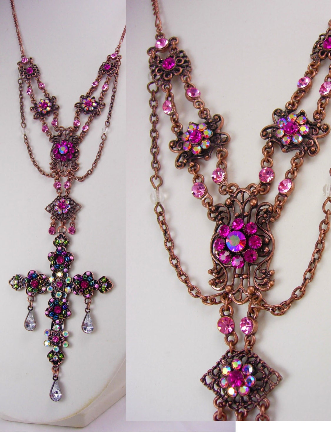 Bohemian rhinestone Rosary necklace Purple PInk crystal drops and more