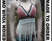 DESIGN YOUR OWN -- Fully Lined Halter Top -Hippie Chick Music Festival Bikini Top in 100% Cotton, with Fringe