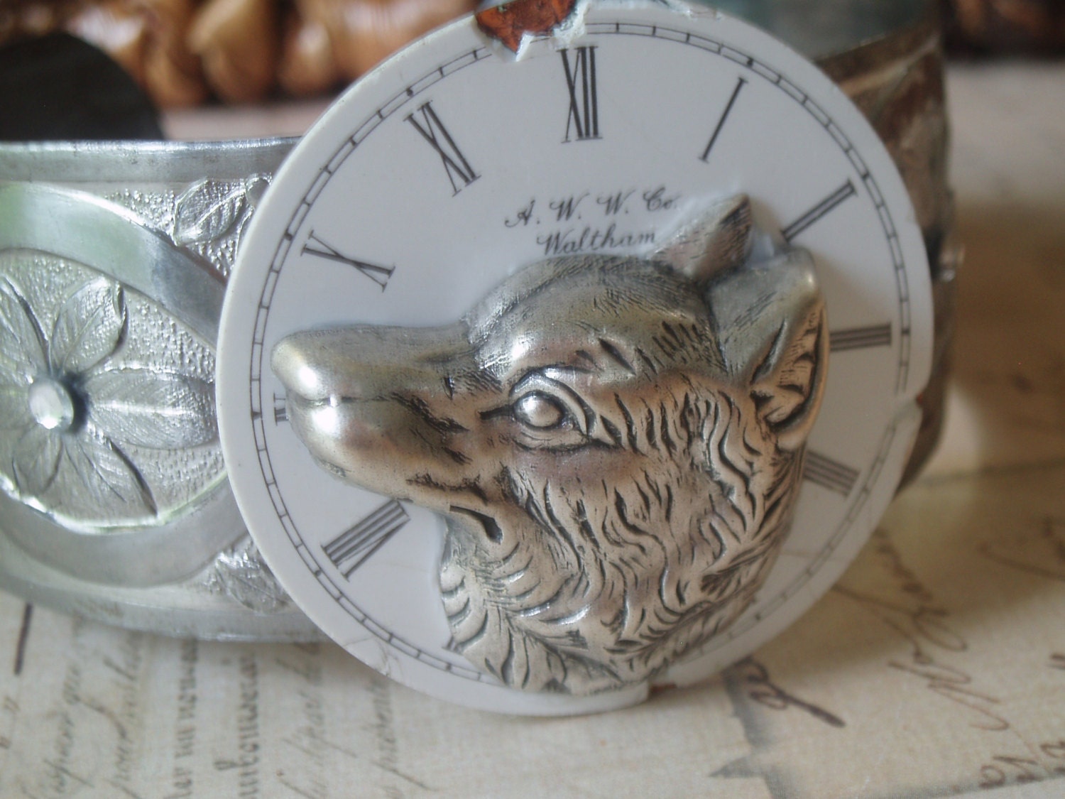 Beauty of the Beast - Woodland Creature, Wolf Bracelet, Gunmetal Cuff, Wolf Cuff, Wolf Jewelry Steampunk Cuff, Steampunk Bracelet