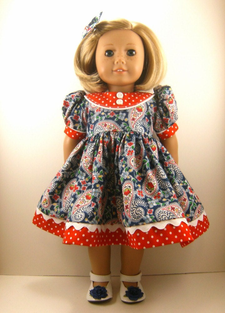 Fits American Girl Doll Clothes 18 Inch Short Sleeved Dress Polka Dots and Paisley with Matching Hair Bow