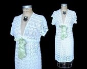 White LACE Dress / deep V neck / S-M