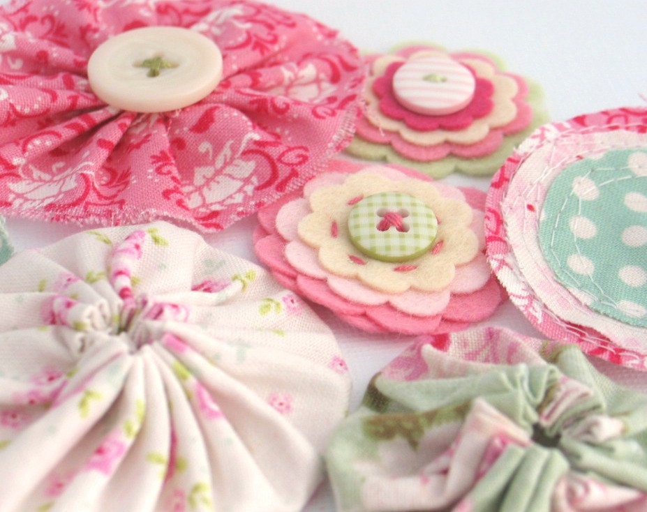 NEW... WHIMSICAL BLOOM Flower Collection, Fabric Flower, Yoyo Flower, Felt Flower, Handmade, Flower Applique, Craft Supplies, Set of 9