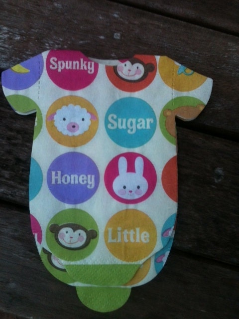 Set of 30 Baby shower onesie napkins and banner decoration with monkeys, bunnies, sheep, and bears. Il_570xn