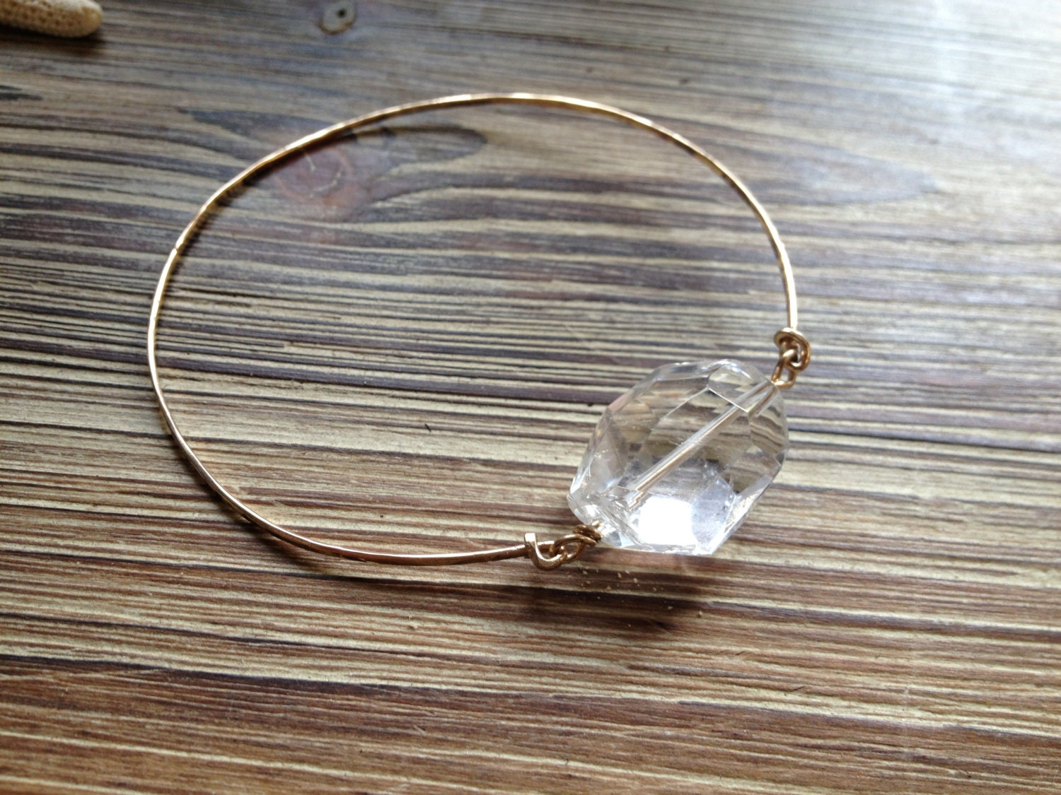 14k Gold Filled Hammered Thin Bangle Bracelet with Cut Crystal Stone ... Free Shipping...Badkittyhawaii