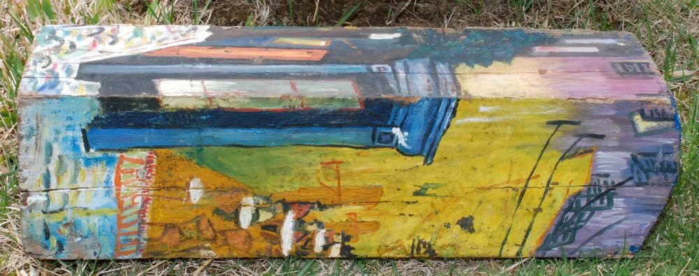 Vintage handmade 3D painting impressionist cafe cityscape on a log rustic art