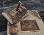 Custom Wedding Guest Book leather and burlap rustic wedding guest book and pen holder SET with 2 TREES of life bridal shower