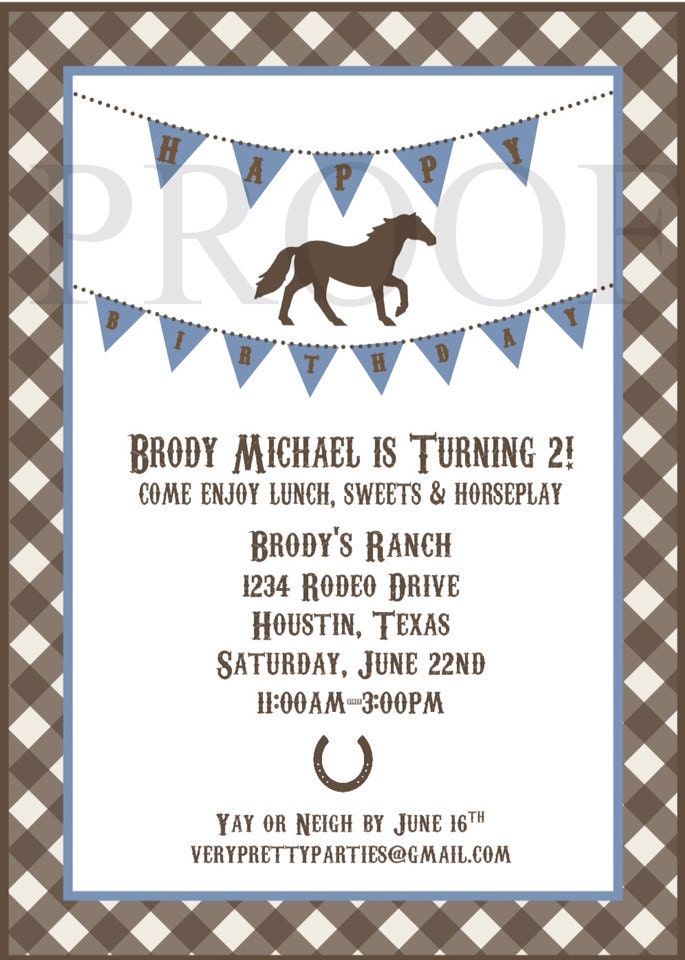 DIY Printable Boy Pony Party invitation- gingham horse invitation- pony invite