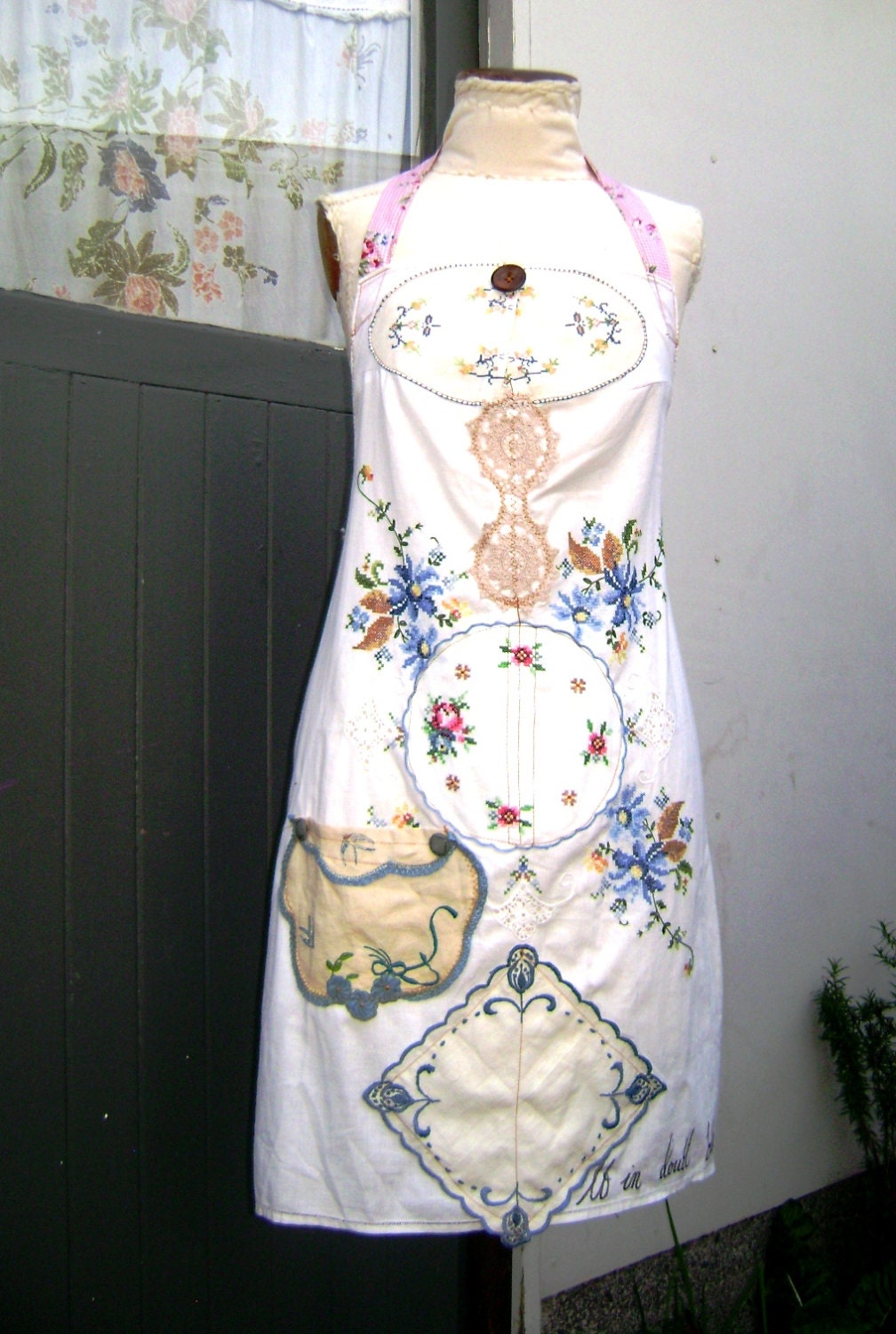 vintage teacloth embroidered floral apron to wear over your dresses cream linen embellished one size