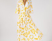 Vintage 1980s Rayon Linen Dress Abstract Yellow Yellow White Print Deadstock NWT