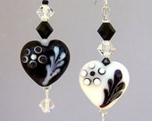 Black and white heart earrings, flowered, mismatched porcelain and crystal