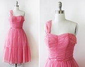 50s chiffon dress / vintage 1950s pink chiffon party dress / pink cupcake dress