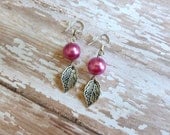 Charmed Earrings Silver Leaves with Magenta Pink Pearls
