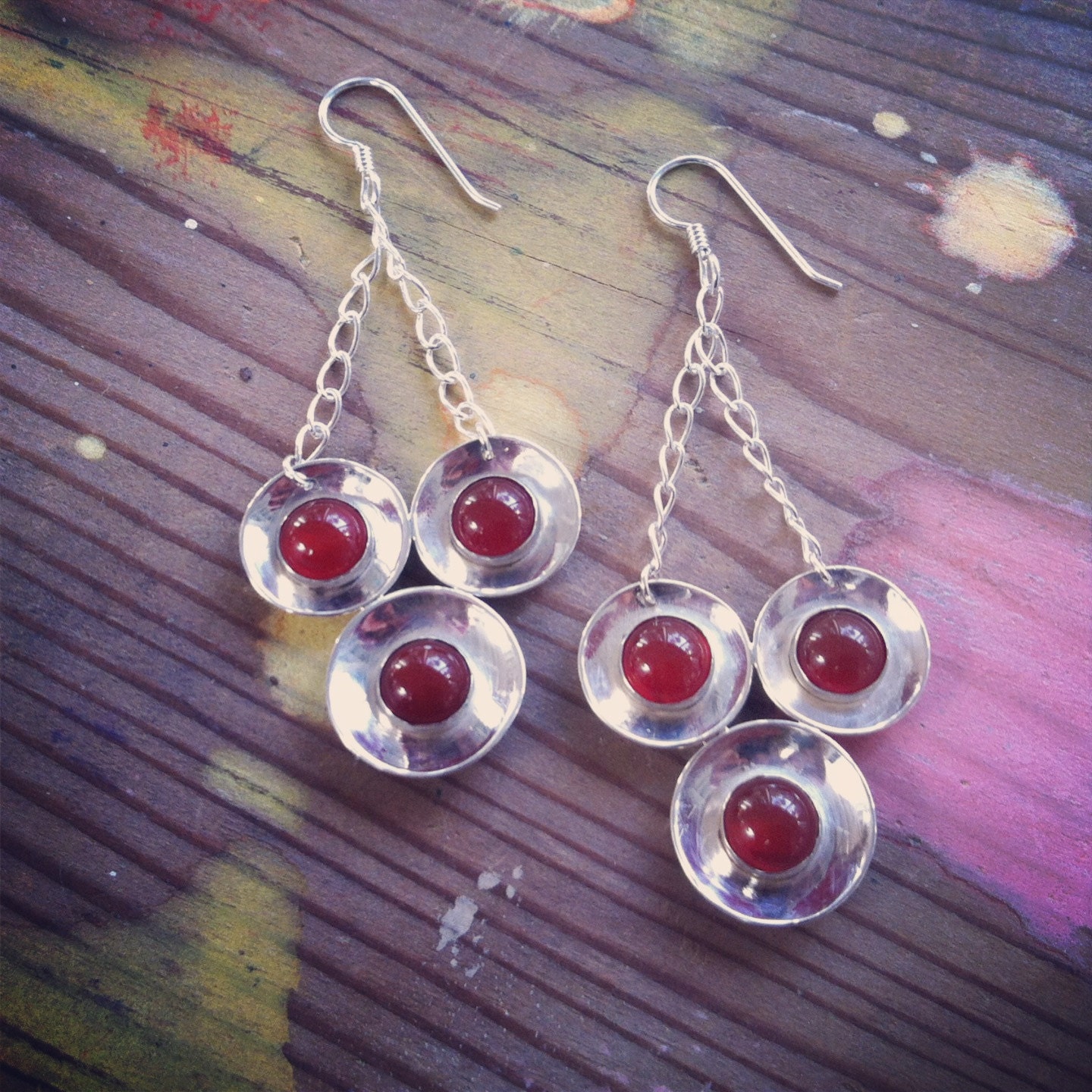 Carnelian Silver Dangle Earrings, Red Stones, Fine Silver
