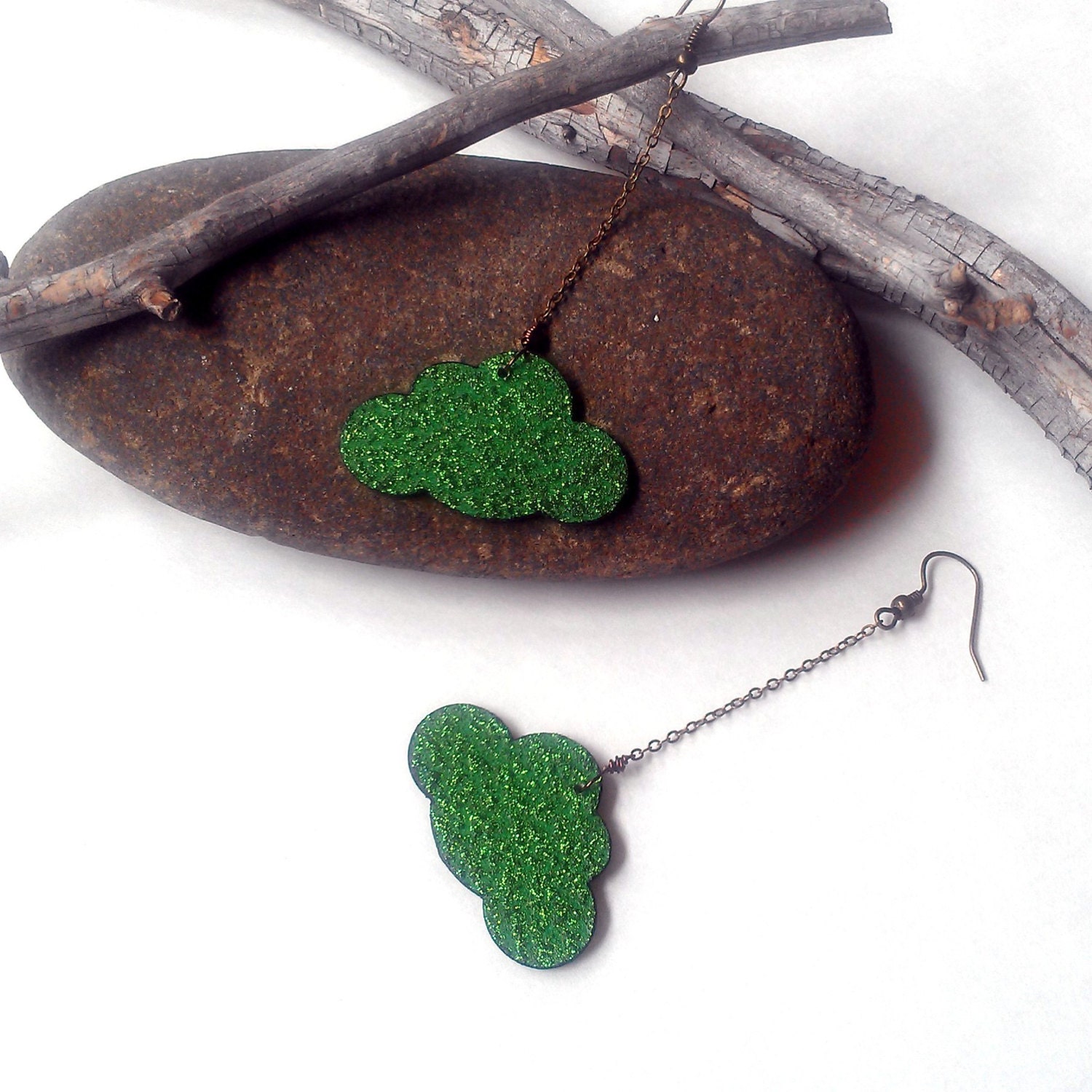 Glitter cloud earrings green with antiqued bronze chain