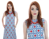 60s Mod Barkcloth Dress Vintage Shift 1960s Sixties Red White Blue Abstract Psychedelic  A-line Mad Men Small S Medium M