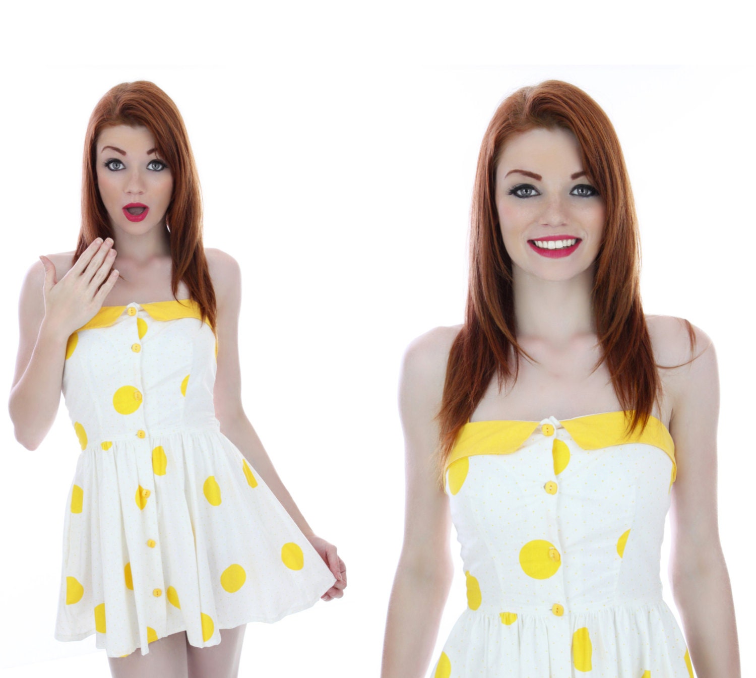 80s Sundress New Wave Dress 50s Inspired Party Vintage Yellow Polka Dots Circle Skirt Cute Summer Mini S Small