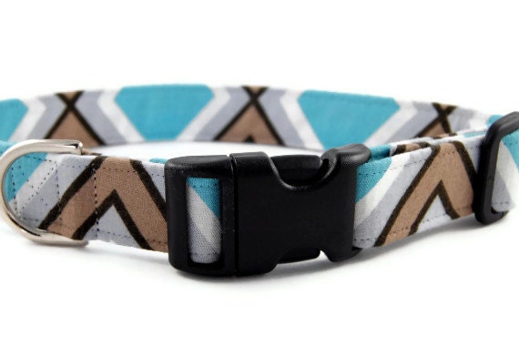 Dog Collar, Blue, White, Triangles, Chevron