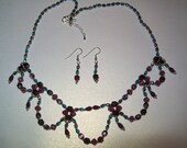 Purple and Teal Beaded Necklace and Earrings Set